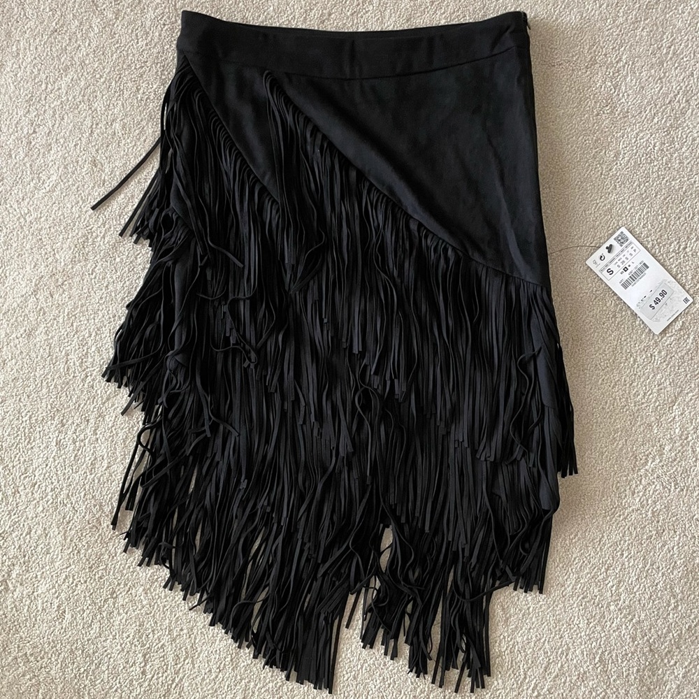 **NWT** Zara Black Suede Fringe Skirt
